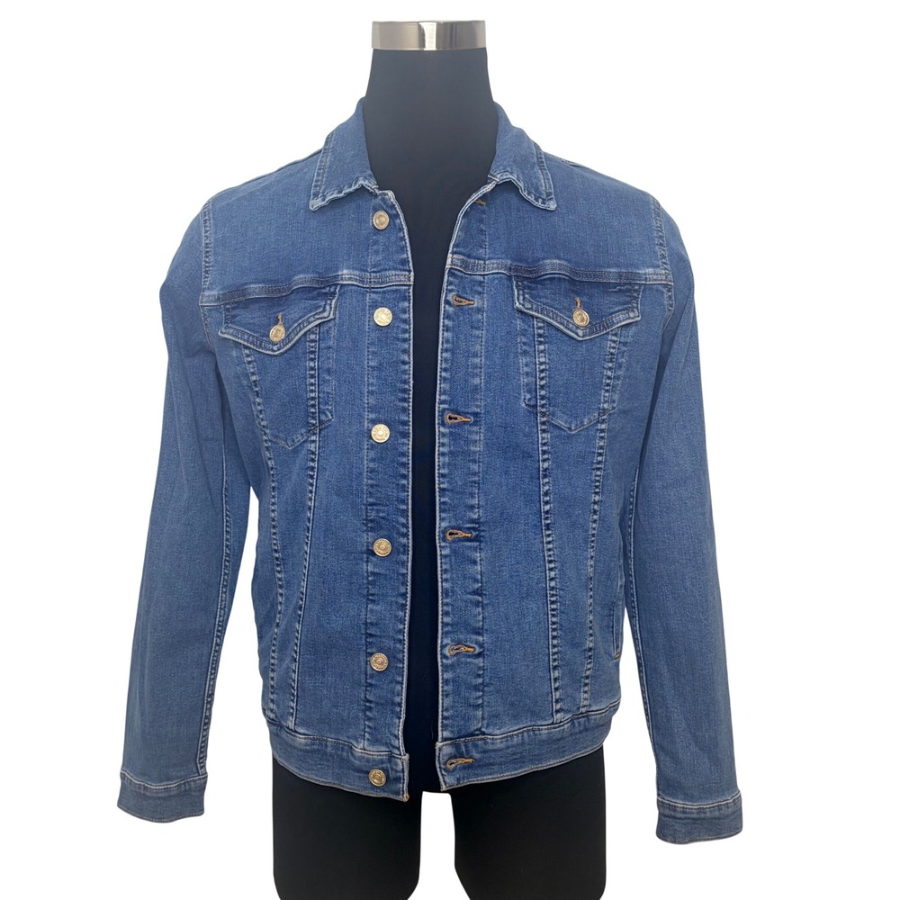 7 For All Mankind Denim Jacket Mens Medium Blue Excellent Trucker Button Front
